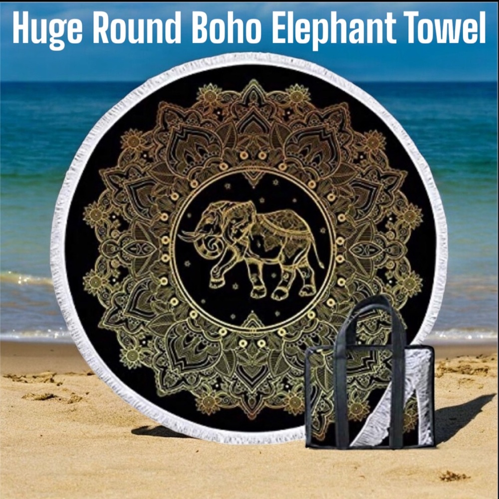 Huge Round Gold & Black Boho Elephant 🐘 Mandala Beach 🏖️ Towel / Blanket NWOT